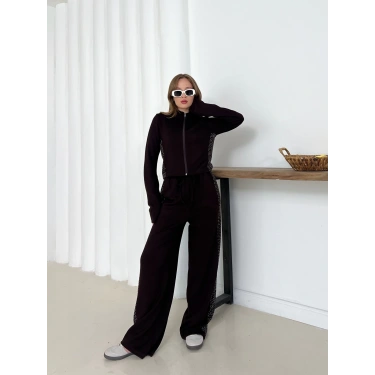 Fermuarlı Taş İşleme Detaylı Takım Acı Kahve