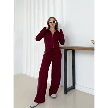 Fermuarlı Taş İşleme Detaylı Takım Bordo