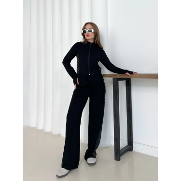 Fermuarlı Taş İşleme Detaylı Takım Siyah