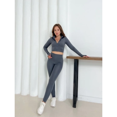 Fermuarlı Tayt Takım Gri