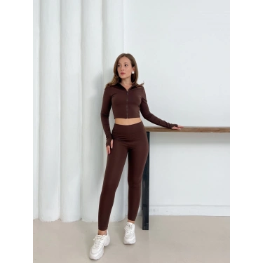 Fermuarlı Tayt Takım Kahverengi