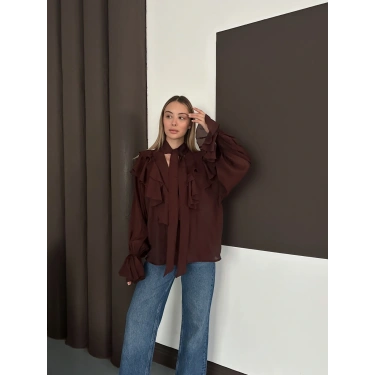 Fular Detaylı Fırfırlı Tasarım Gömlek Acı Kahve