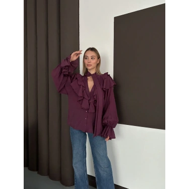 Fular Detaylı Fırfırlı Tasarım Gömlek Mürdüm