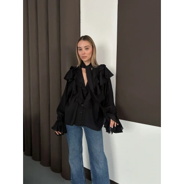 Fular Detaylı Fırfırlı Tasarım Gömlek Siyah