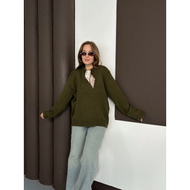 Fular Detaylı Triko Kazak Yeşil