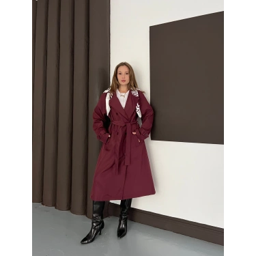 Fular Detaylı Uzun Trençkot Bordo
