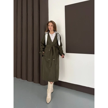Fular Detaylı Uzun Trençkot Haki