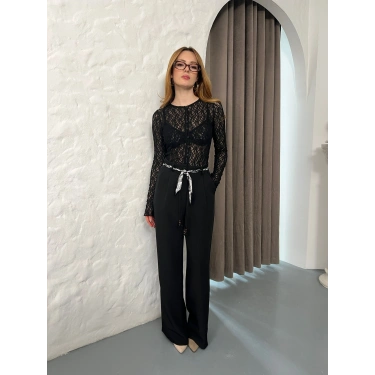 Fular Kemerli Yüksek Bel Pantolon Siyah