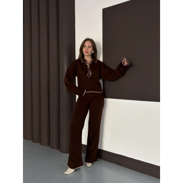 Fularlı Çoban Dikiş Triko Takım Kahverengi