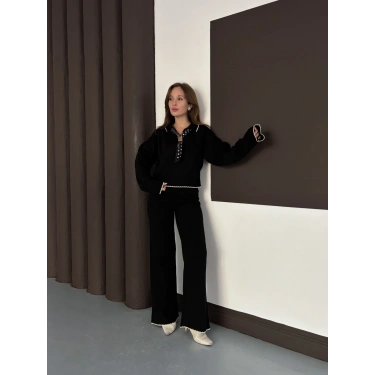 Fularlı Çoban Dikiş Triko Takım Siyah