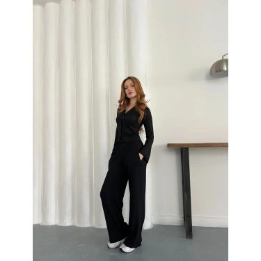 Gofre Kumaş Gömlekli Takım Siyah