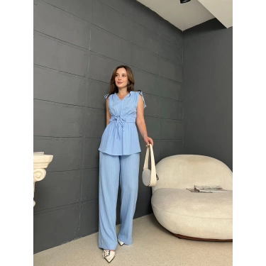 Gofre Kumaş Omuz İp Detaylı Takım Mavi