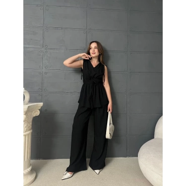 Gofre Kumaş Omuz İp Detaylı Takım Siyah