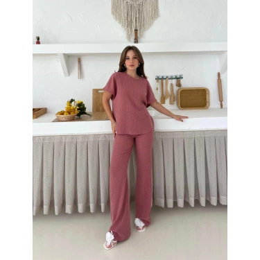 Gofre Kumaş Pantolonlu Takım Gül Kurusu