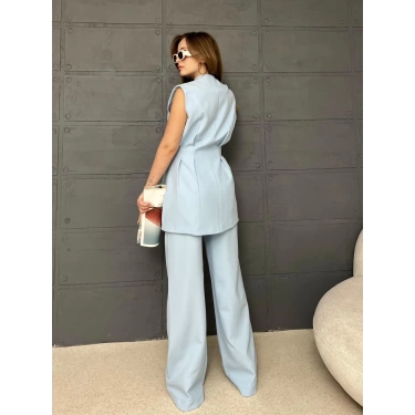Gold Düğme Double Kumaş Takım Bebe Mavisi