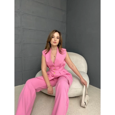 Gold Düğme Double Kumaş Takım Pembe