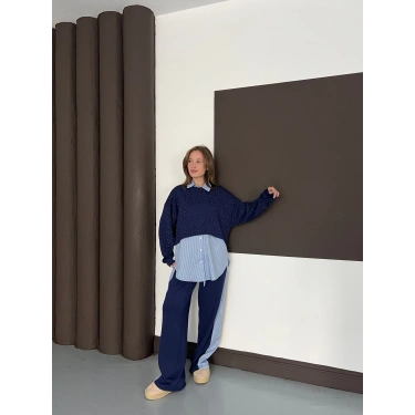 Gömlekli Taş Detaylı Üçlü Set Lacivert