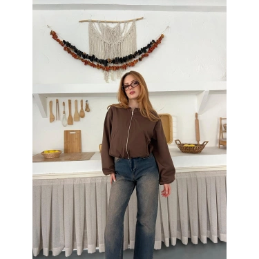 Hakim Yaka Fermuarlı Bomber Kaşe Ceket Acı Kahve