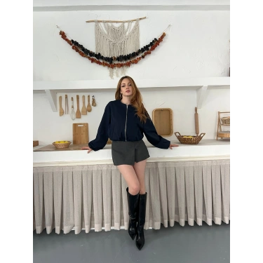 Hakim Yaka Fermuarlı Bomber Kaşe Ceket Lacivert