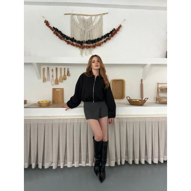 Hakim Yaka Fermuarlı Bomber Kaşe Ceket Siyah