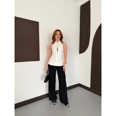 Halter Yaka Sırt Dekolte Fermuarlı Bluz Beyaz