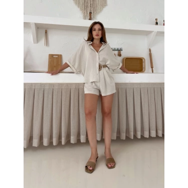 Hasır Kemer Detaylı Şortlu Takım Bej