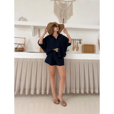Hasır Kemer Detaylı Şortlu Takım Lacivert