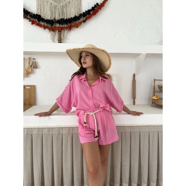 Hasır Kemerli Şortlu Keten Takım Pembe