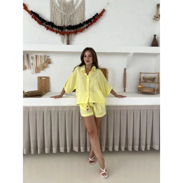 Hasır Kemerli Şortlu Keten Takım Sarı