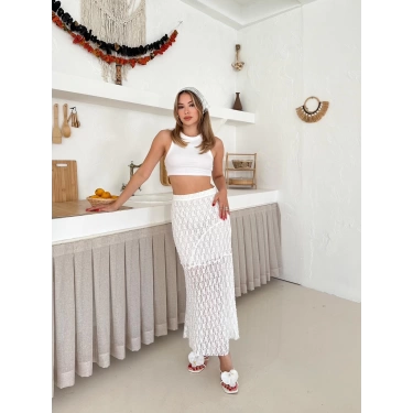 İçi Astarlı Dantel Detay Etek Beyaz