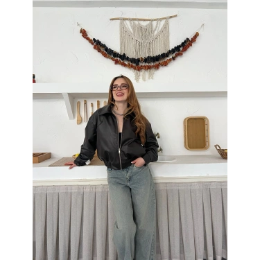 İçi Peluşlu Bel Lastikli Deri Ceket Acı Kahve