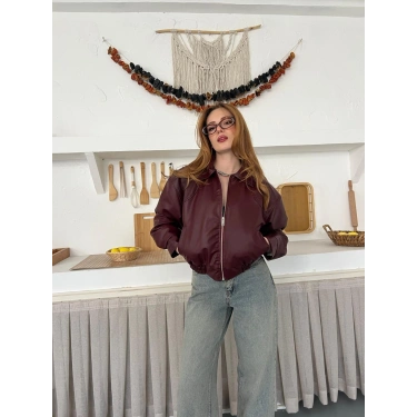 İçi Peluşlu Bel Lastikli Deri Ceket Bordo