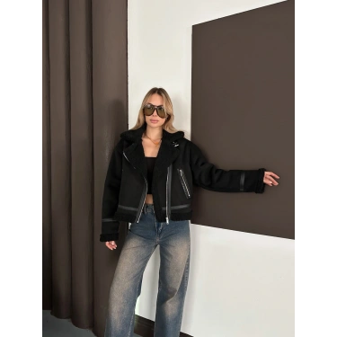 İçi Peluşlu Lamine Ceket Siyah