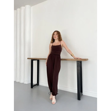 İp Askılı Paça Detaylı Tulum Kahve