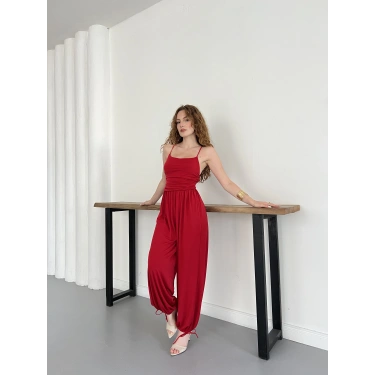 İp Askılı Paça Detaylı Tulum Kırmızı