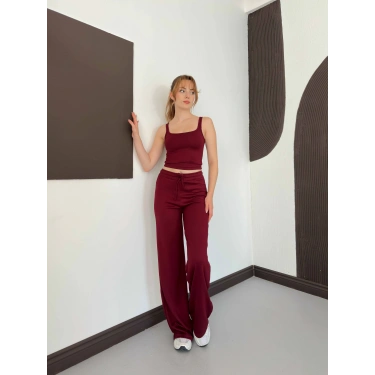 İp Askılı Yumaşak Dokulu Basic Atlet-Pantolon Takım Bordo