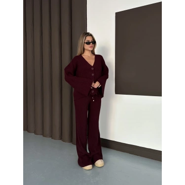 İspanyol Kol Düğme Detaylı Hırkalı Takım Bordo
