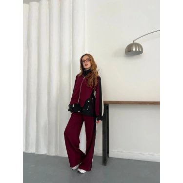 Kapüşon Garnili Paraşüt Cep Detaylı Takım Bordo