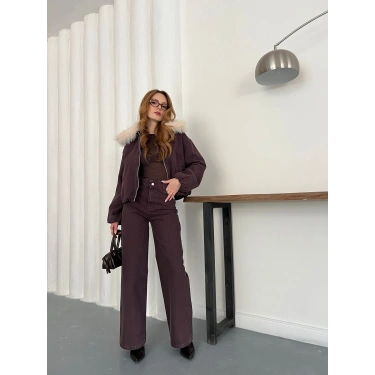 Kapüşon Kürk Detaylı Denim Takım Acı Kahve