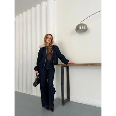 Kapüşon Kürk Detaylı Denim Takım Lacivert