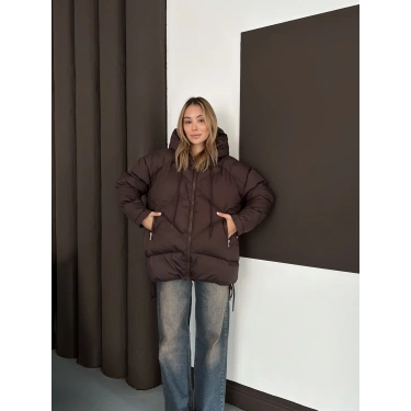 Kapüşonlu Desenli Şişme Mont Kahverengi