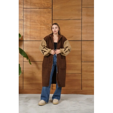 Kapüşonlu Fermuar Detay Triko Hırka Acı Kahve