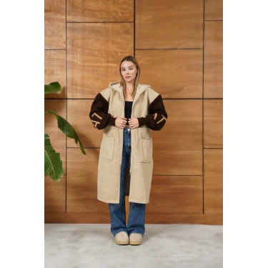 Kapüşonlu Fermuar Detay Triko Hırka Bej