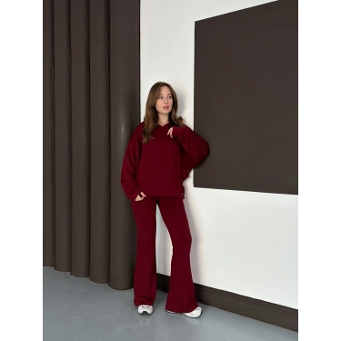 Kapüşonlu Modal Pantolonlu İkili Set Bordo