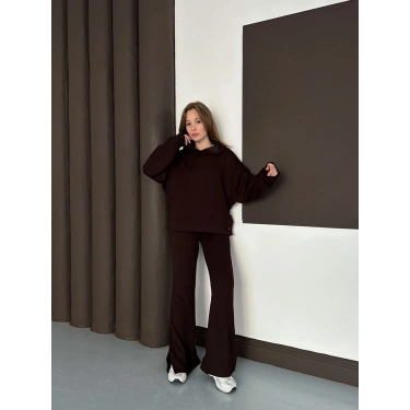 Kapüşonlu Modal Pantolonlu İkili Set Kahverengi