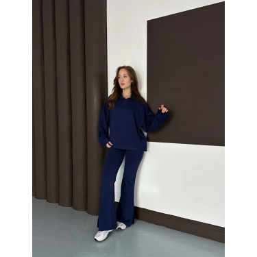 Kapüşonlu Modal Pantolonlu İkili Set Lacivert