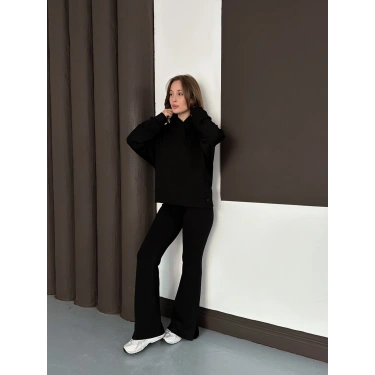 Kapüşonlu Modal Pantolonlu İkili Set Siyah