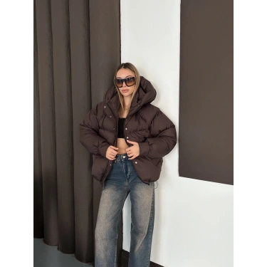 Kapüşonlu Şişme Kısa Mont Acı Kahve