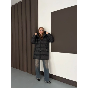 Kapüşonlu Şişme Mont Siyah