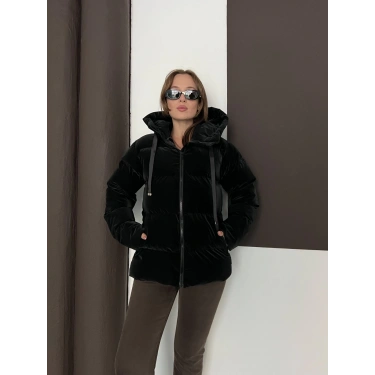 Kapüşonlu Şişme Parlak Mont Siyah